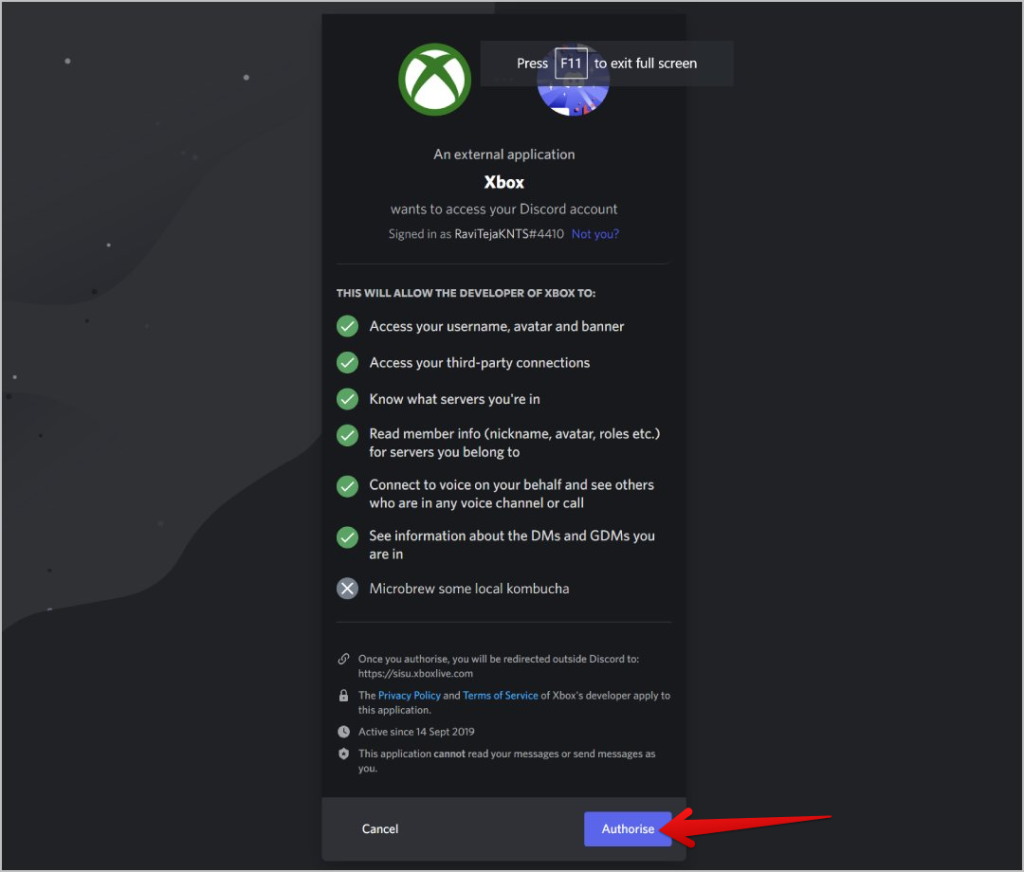 تفويض اتصال Xbox و Discord