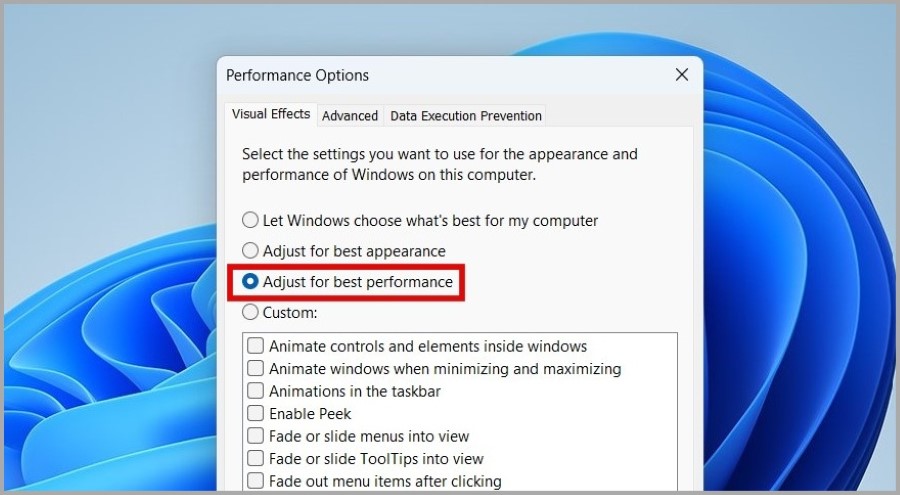 خيارات الأداء في Windows 11