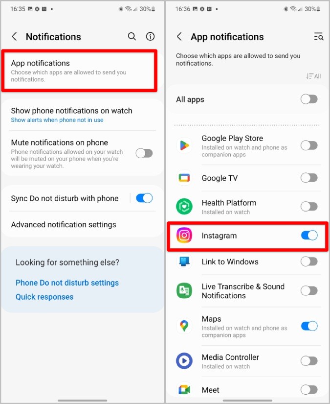 تمكين إشعارات Instagram و WhatsApp على تطبيق galaxy Wearable