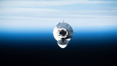 Crew Dragon with its docking mechanism open, with the Earth in behind